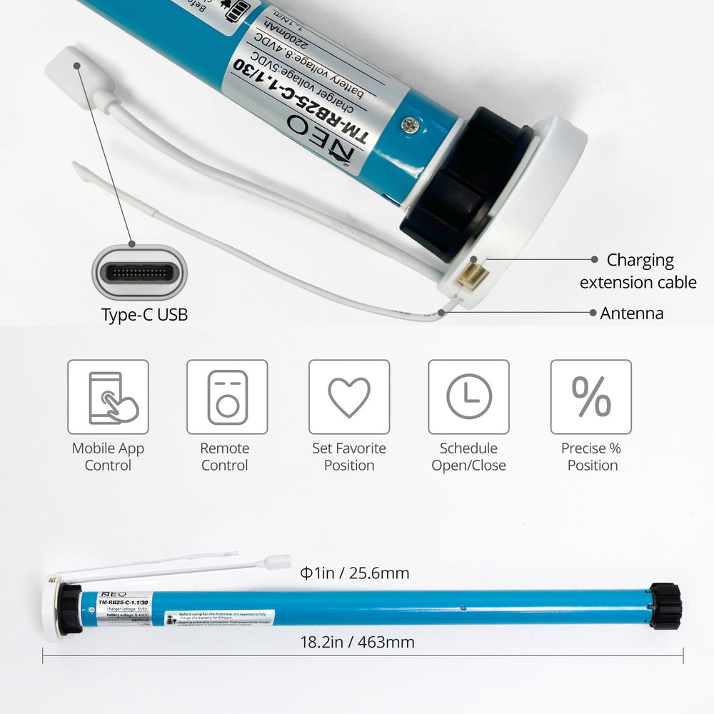 DIY Tubular Battery Motor BRB25 1.1Nm for Blinds with 1.5in/38mm Tube, Remote Control or App Control